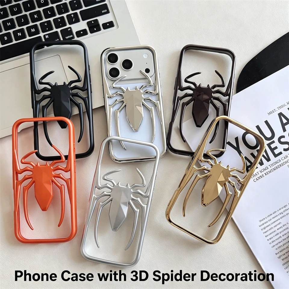 Coque ajourée motif araignée 3D compatible iPhone 15 Pro Max au cadre électroplaqué