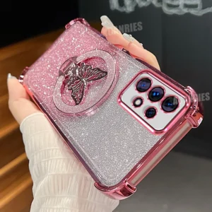 Coque pailletée papillon avec anneau compatible Samsung Galaxy A32 5G